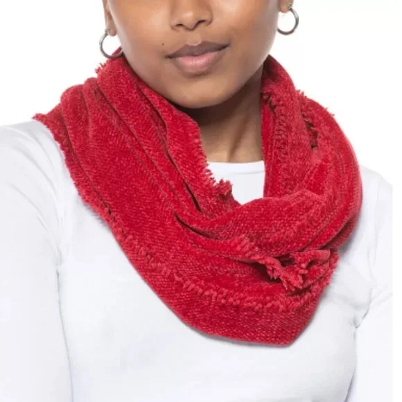 Charter Club Woven Chenille Loop Scarf fringed trim Black Red multi OSFM New - Picture 4 of 6